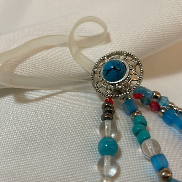 Handmade Turquoise Themed Enhanced Beaded Hair Elastic w Upcycled & New Beads - Picture 2 of 5